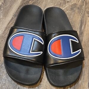 Champion Black Slides with Vibrant Logo